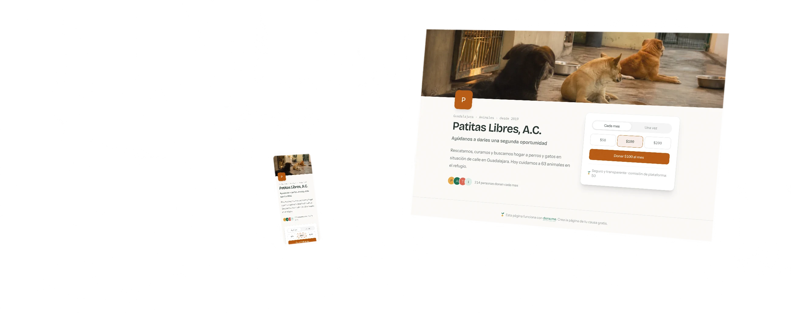 Dona.me: la página de un refugio de animales abierta en la laptop de quien lo lleva, y la misma página en su teléfono, en la mesa de la entrada.